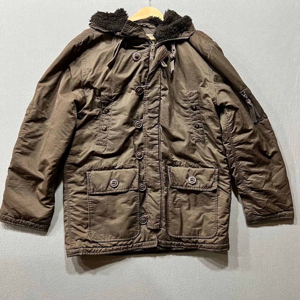 BKE Military‎ Field Inspired Zip Front Brown Hooded Heavy Parka Coat Men Size L